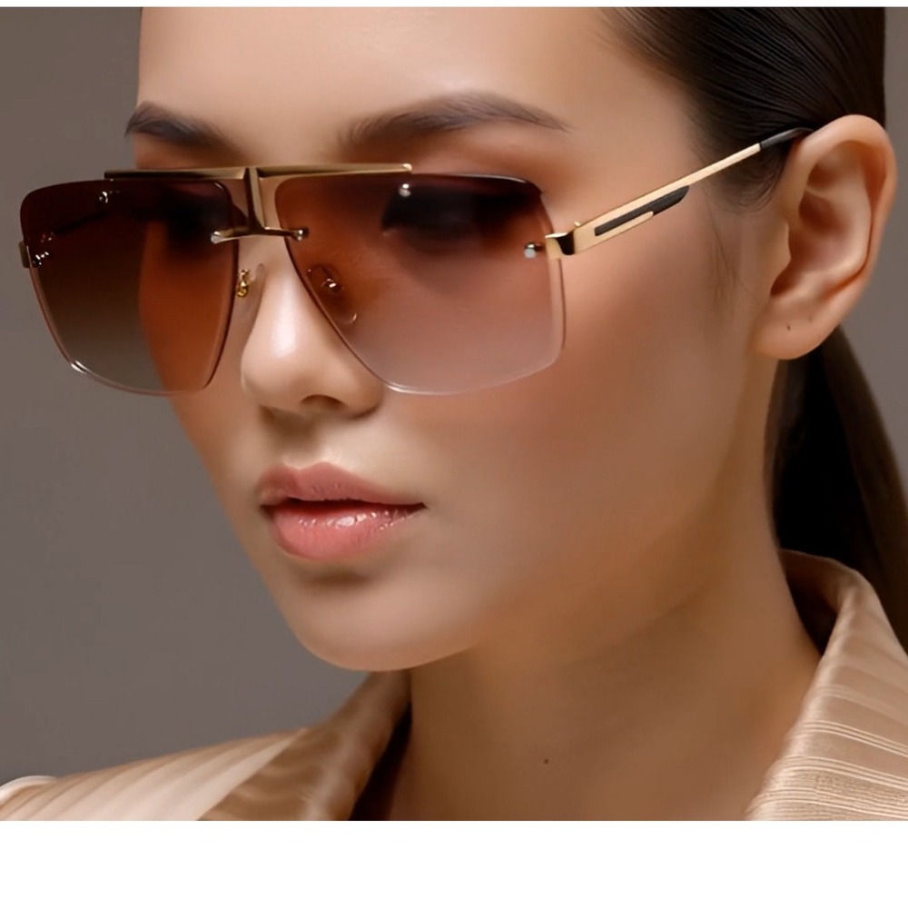 Oversized Shield Women Sunglasses Fashion Rimless Lens Studded‎ Accents Lentes